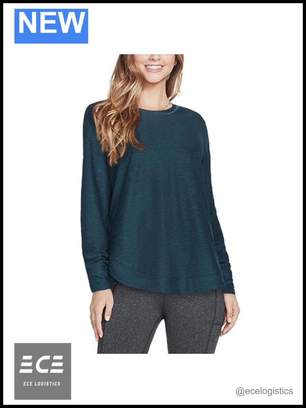 Long Sleeve Brushed Tunic Top Relaxed Fit Crew Neck Heathered